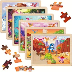 SYNARRY Wooden Dinosaur Puzzles For Kids Ages 4-6, 6 Packs 60 PCs Jigsaw Puzzles Educational Toys Gifts For Children Ages 4-8, Kids Puzzles For 4+ Year Olds Boys Girls, Wood Puzzles