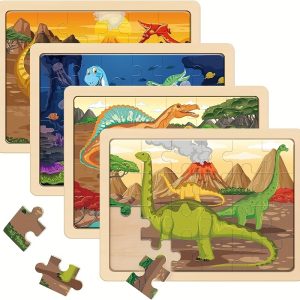 SYNARRY Wooden Dinosaur Puzzle is suitable for children aged 3-5 years, 4 bags, 24 pieces, preschool education brain sharp turning board, children's gift, wooden dinosaur puzzle, suitable for boys and girls aged 3, 4, 5 and 6 years