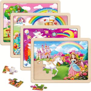 SYNARRY Unicorn Princess Fairy Wooden Puzzle is suitable for children aged 3-5 years, 4 packs of 24 pieces, pre-school toy gift puzzle, and wooden puzzle Halloween Christmas Gift